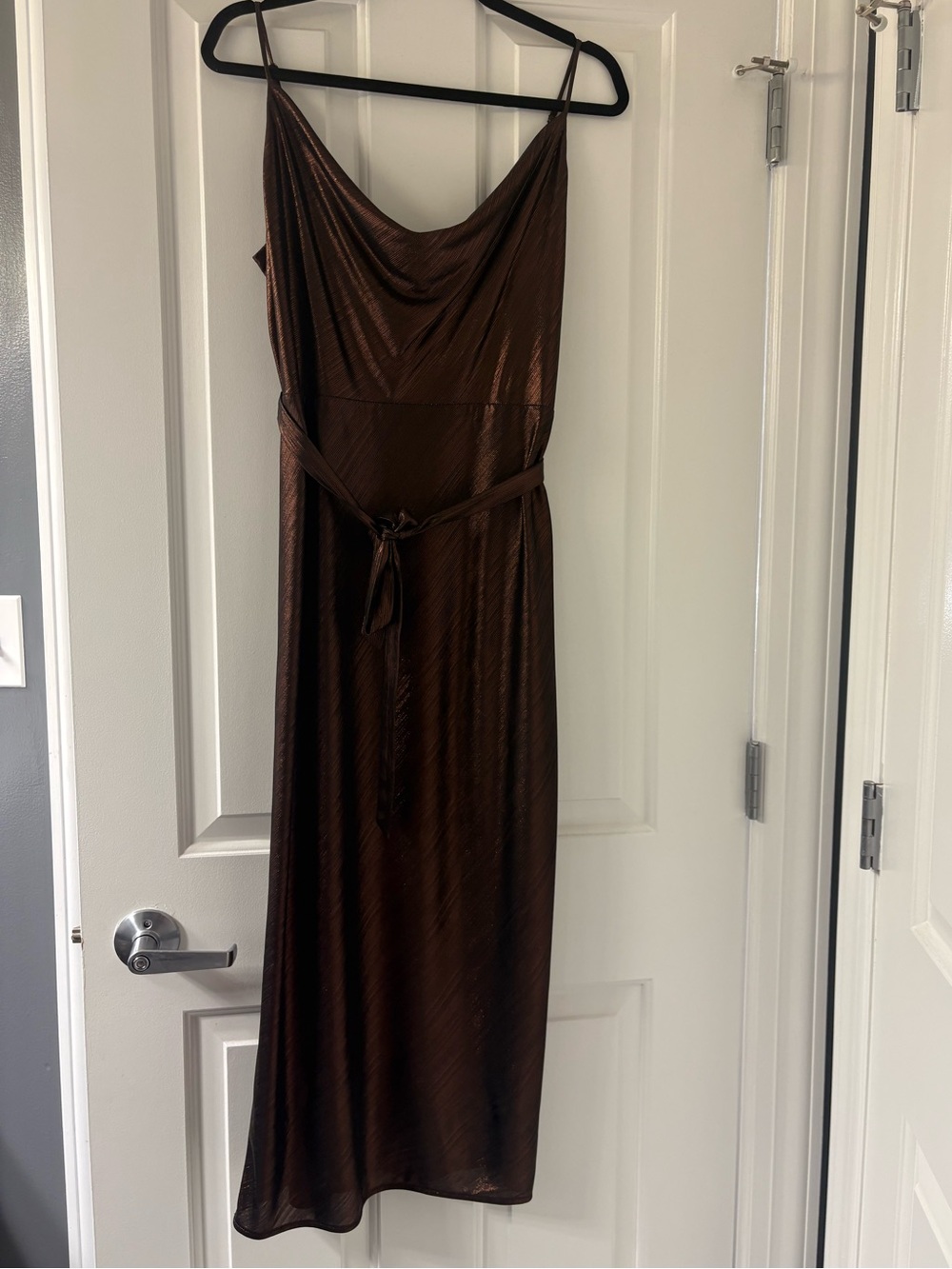 Adelyn Rae Metallic Chocolate Brown Cowl Neck Maxi Dress